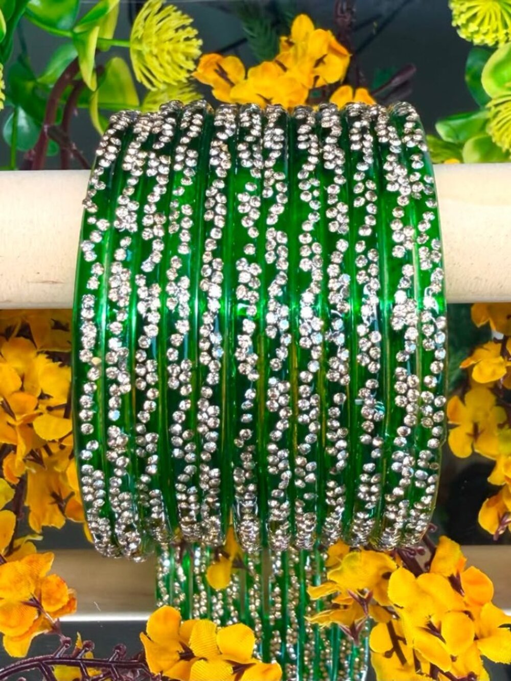 12PC Green Rhinestone Resin Bangle Bracelets Stackable Sparkle Set